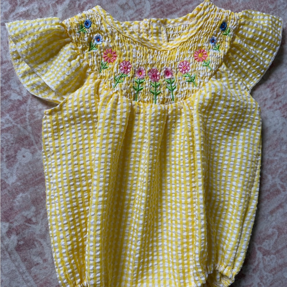 Yellow Smocked Baby Girl Romper with Floral Embroidery